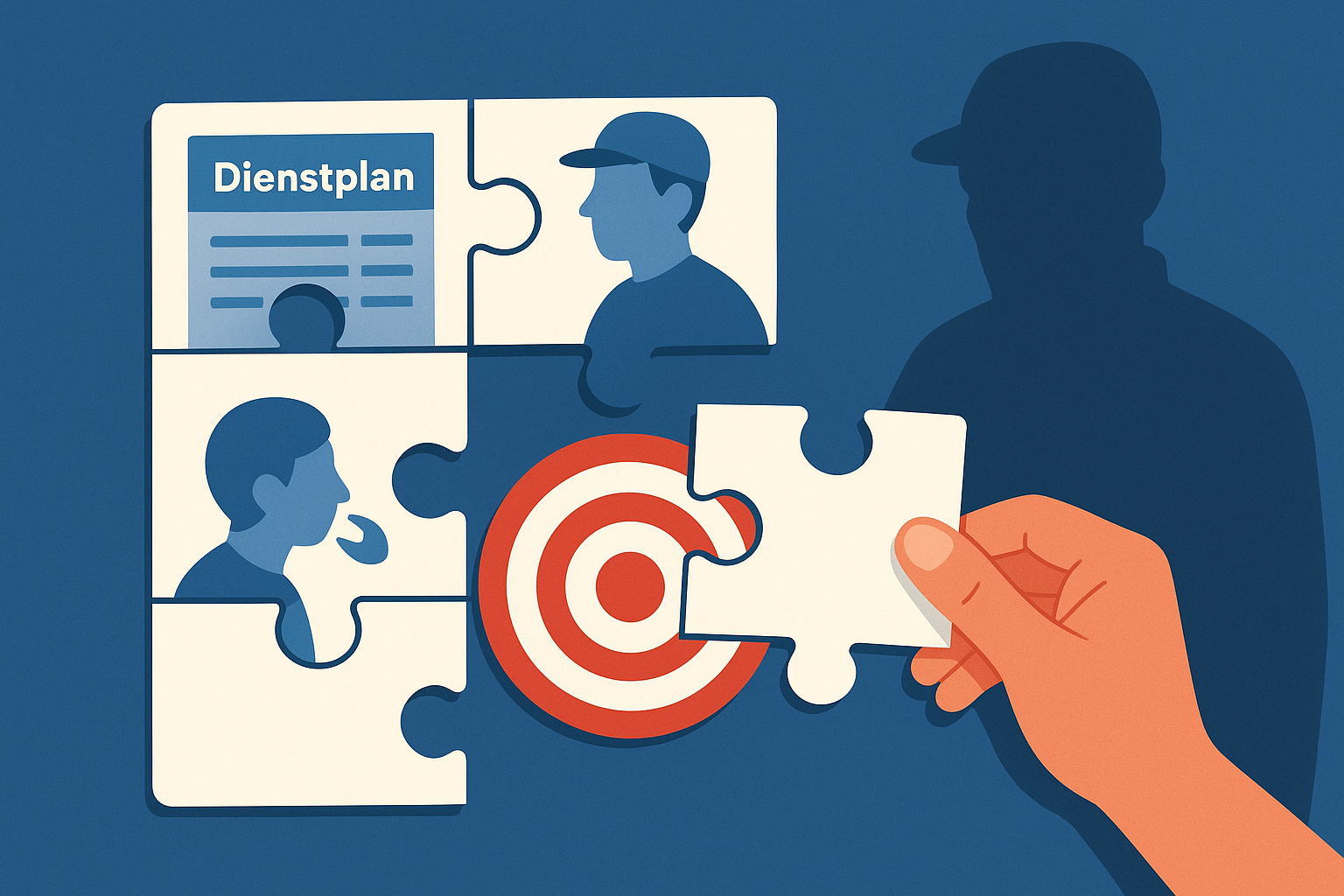 Puzzle aus scheinbar harmlosen Infos (Dienstplan, Foto, Gespräch) ergibt ein „Target“-Symbol. Ein Schatten beobachtet die Szene.