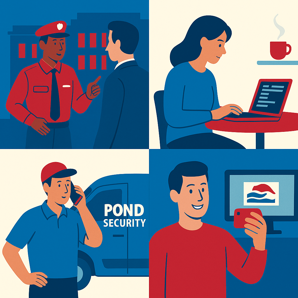 Geteilte Illustration mit 4 Szenen: Sicherheitskraft im Gespräch vor dem Objekt Büromitarbeiterin mit offenem Bildschirm im Café Techniker spricht am Handy vorm Firmenwagen Privatperson postet ein Selfie mit Firmenlogo