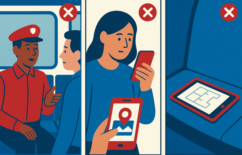 Ein Comic-Panel-Stil mit drei Fehlern: Gespräch im Zug Social-Media-Post mit Standort Tablet mit offenem Plan auf einem Sitz
