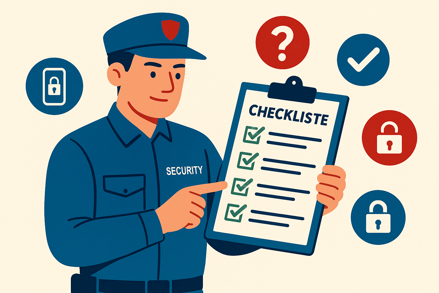 Eine Sicherheitskraft zeigt mit einem Clipboard auf eine Checkliste. Um sie herum Symbole für richtiges Verhalten (verschlossenes Handy, Fragezeichen, Häkchen, Schloss-Symbol)