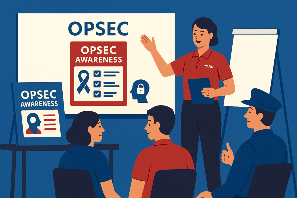 Ein internes Meeting oder Workshop, bei dem OPSEC visualisiert wird. Im Vordergrund: Poster, Awareness-Materialien, engagierte Mitarbeitende.