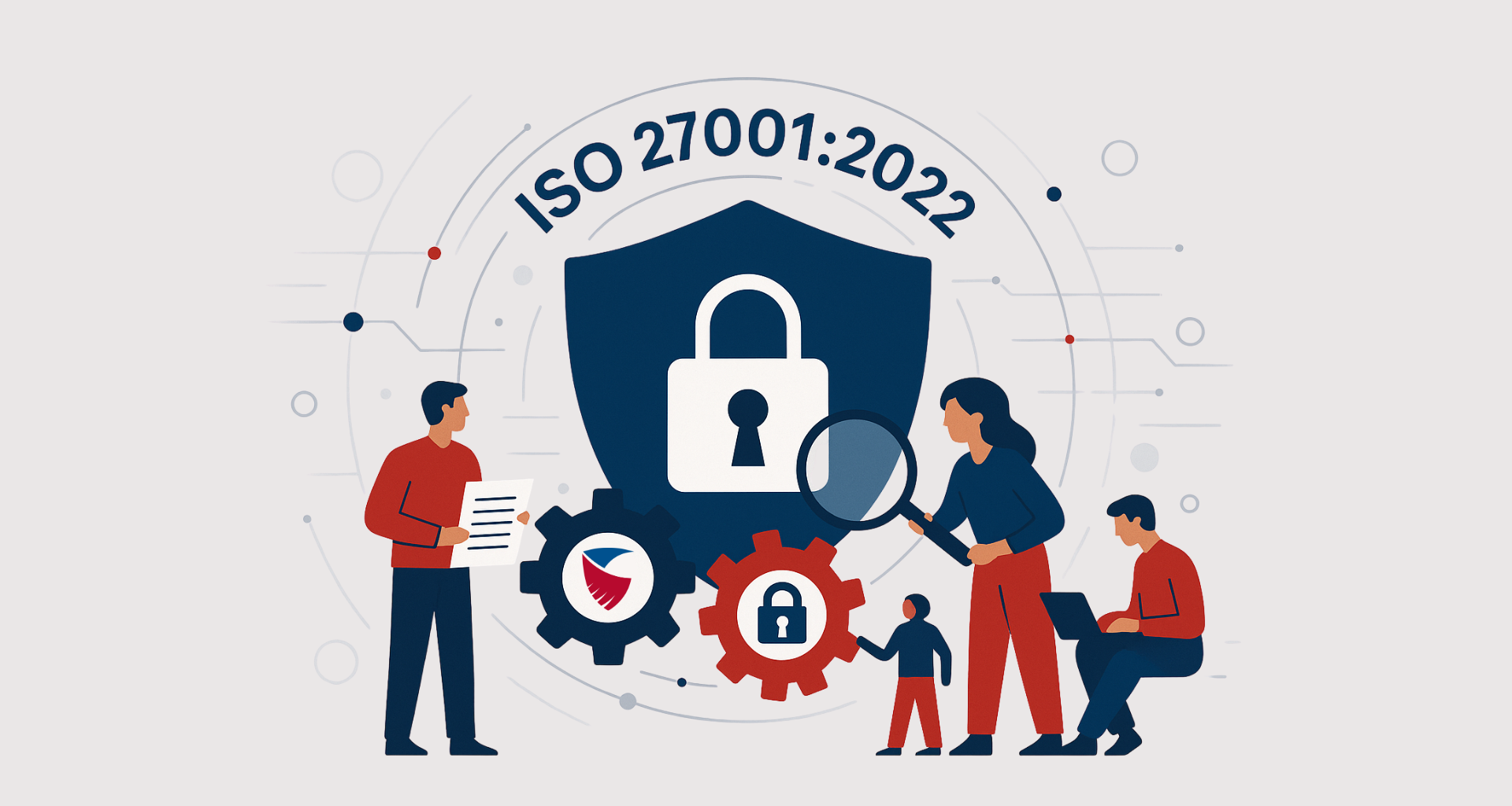 Zwei Personen und eine kleine Person vor einem großen blauen Schild mit Vorhängeschloss, darüber der Text 'ISO 27001:2022', umgeben von Zahnrädern und Verbindungslinien.